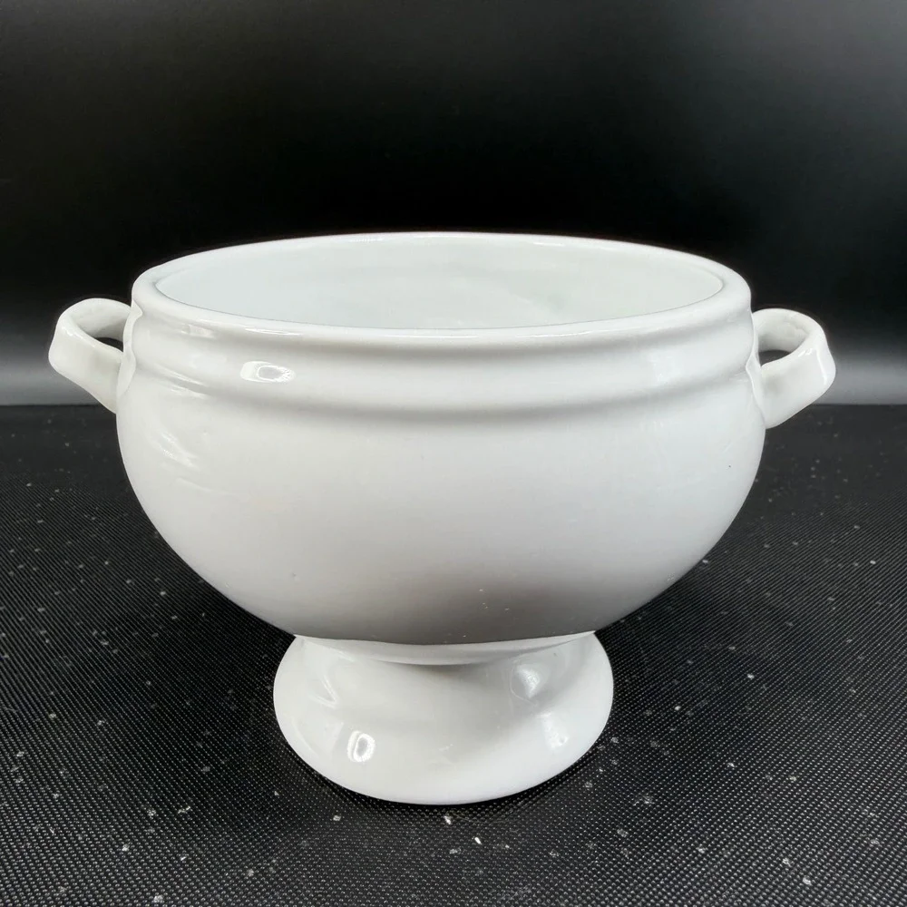 Crate & Barrel White Porcelain Footed Soup Bowls Set 2 Lion Head Style Handles